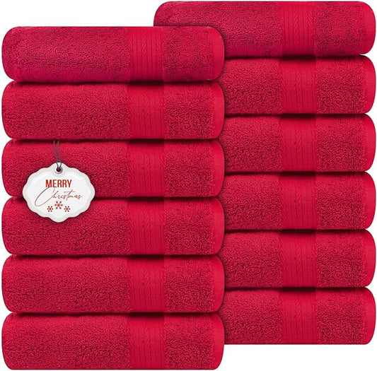 Ample Decor Hand Towel 18 X 28 Inch Pack of 12 600 GSM 100% Cotton, Soft Absorbent Thick Durable Premium Quality, for Hotel, Bathroom, Spa, Daily Use, Gym - Christmas Red