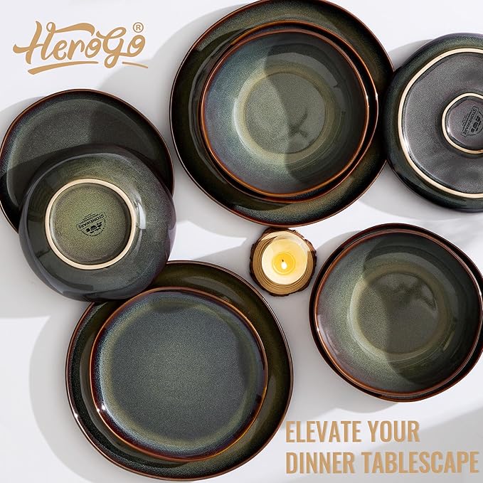 Herogo 12PCS Stoneware Dinnerware Sets, Plates and Bowls Dish Set for 4, Irregular Handmade Dinner Ware Dishware for Kitchen Dinning, Microwave & Dishwasher Safe, Lichen Green