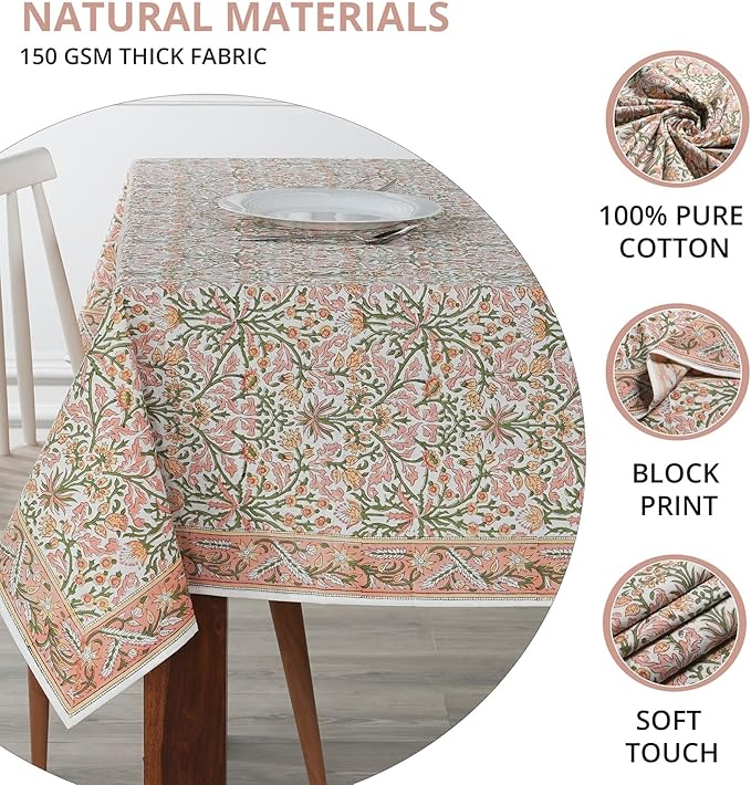 Ridhi Sassy Salmon Emerald Green Hand Block Print Cotton Rectangle Tablecloth 108" x 60" inches Reusable Table Cover Decorative Everyday Use for Dining, Farmhouse, Home, Party, Festive, Wedding, Fall