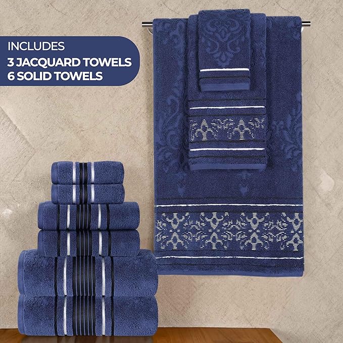 Superior Cotton 9 Piece Assorted Floral Towel Set, Includes 3 Bath, 3 Hand, 3 Washcloth/Face Towels, Quick Dry, Home Essentials, Shower, Spa, Luxury Plush Soft Absorbent Towels, Zero Twist, Navy Blue