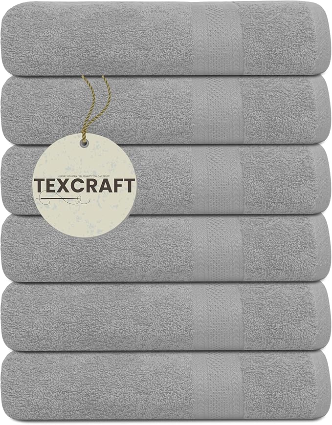 Large Bath Towels Set of 6 – 100% Cotton Terry – 24" x 50" – Quick Dry, Soft & Highly Absorbent – Light Grey Towels for Bathroom, Gym, Spa, Pool & Daily Use