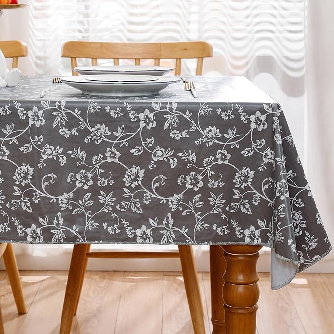 Heavy Duty Vinyl Tablecloth with Flannel Backing Waterproof Oil-Proof Plastic Table Cloth Stain-Resistant Wipeable Rectangle or Square Table Cover for Indoor and Outdoor (Grey Floral,54x54 Inch)