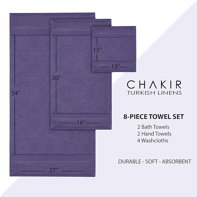 Chakir Turkish Linens | Hotel & Spa Quality 100% Cotton Premium Turkish Towels | Soft & Absorbent (8-Piece Towel Sets, Plum)