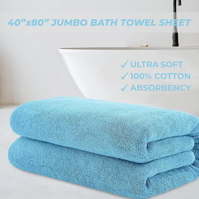 Cotton Paradise 100% Cotton 40x80 Oversized Bath Sheet, Extra Large Turkish Bath Towels for Bathroom, Sky Blue Bathsheet