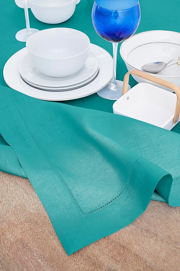 Solino Home Linen Teal Tablecloth 60 x 120 Inch - Classic Hemstitch, 100% Pure Linen Rectangular Tablecloth - Machine Washable Table Cloth for New Year