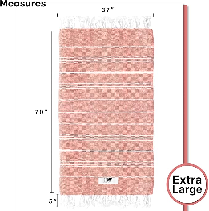 Turkish Beach Towel - Cotton Bathroom Towels Highly-Absorbent Quick Dry Bath Towels 37 x 70 inch Beach Towels Sand-Free Turkish Bath Towel Multipurpose Yoga Towel Beach Blanket (Coral)