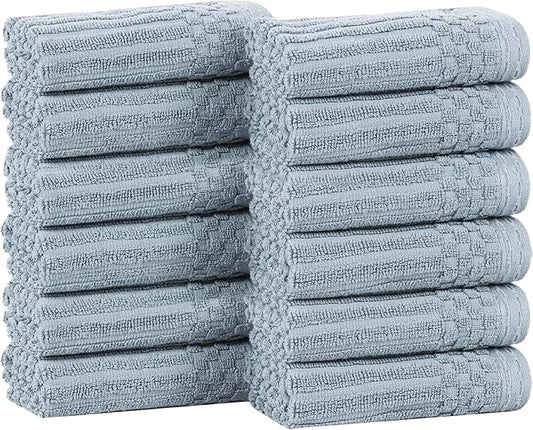 Superior Cotton Face Towel/Washcloth Set of 12, Daily Use for Bathroom, Guest Bath, Quick Dry Small Towels, Face, Hand, Gym, Spa, Hotel, Absorbent, Essentials, Ribbed, Soho Collection, Slate Blue