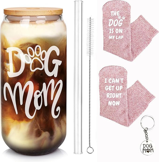 Mason Life Birthday Gift for Women, Cute Glass Cup and Sock Gift for Her, Dog Mom Socks, Dog Lover Gifts, Can Shaped Cups, 18oz Drinking Glasses with Bamboo Lid and Glass Straw