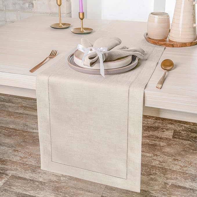 D'Moksha Homes Linen Light Natural Table Runner 72 Inches Long - 100% Pure Linen Hemstitch Table Runner 14 x 72 Inch for Dresser, Dining, Winter, Holiday, New Year - Classic Hemstitch