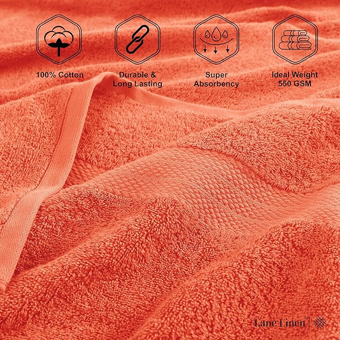 LANE LINEN 100% Ring Spun Cotton Bath Towels (28"x54") - 4 Pieces - Large Towels for Bathroom - Quick Drying, Soft & Absorbent Large Shower Towel Set - Used in Gym, Hotel, Spa, Home - Living Coral