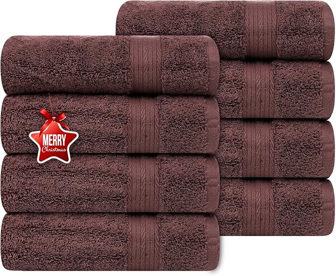 Ample Decor Bathroom Hand Towels 18 X 28 Inch 600 GSM 100% Cotton, Soft Absorbent - 8 Pcs Brown