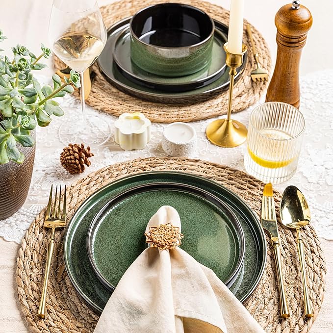 LERATIO Ceramic Dinnerware Sets for 4,Round Reactive Glaze Ceramic Plates and Bowls Set,Highly Chip and Crack Resistant | Dishwasher & Microwave Safe Dishes Set,Service for 4 (12pc)-Green