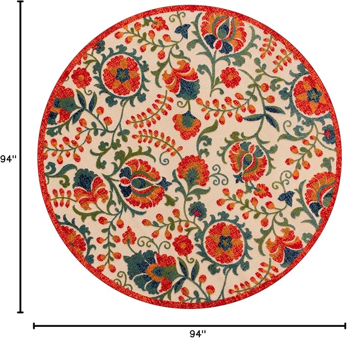 Nourison Home Aloha Red Multicolor 7'10" x Round Area Rug - Easy Clean, Non Shedding, Bed Room, Living Room, Dining Room, Kitchen (8' x Round)