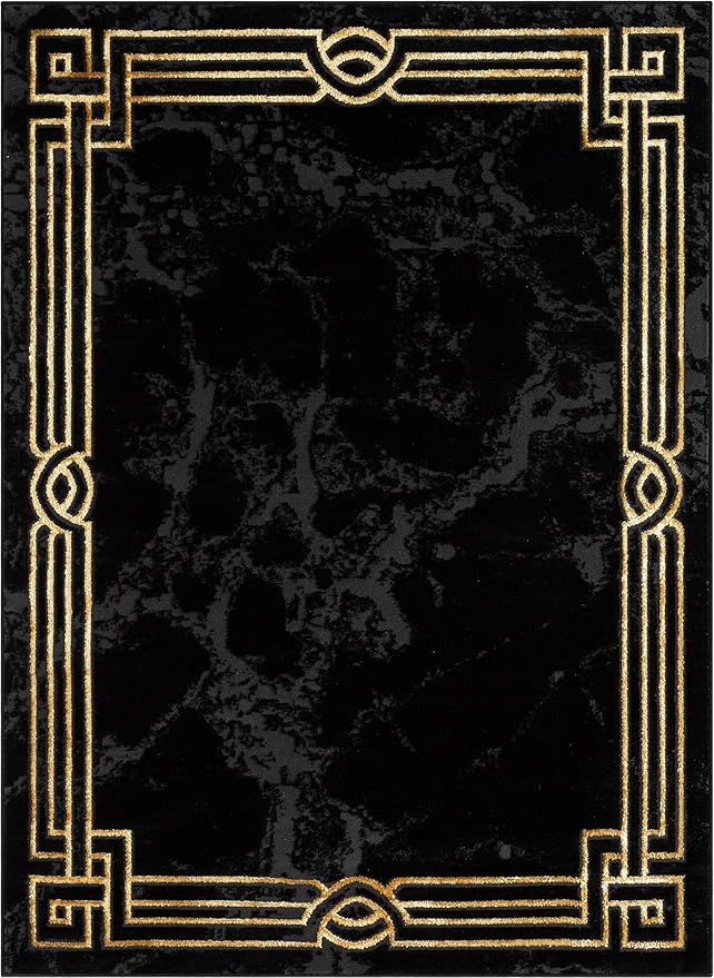 Well Woven Lezlee Abstract Modern 3'11" x 5'3" Area Rug Black Gold Marble Border - for Entryway, Office, Accent