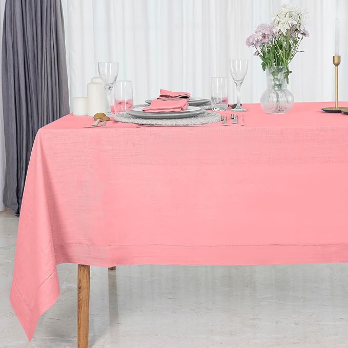D'Moksha Homes Dusty Pink Linen Tablecloth 60 x 120 Inch - 100% Pure Linen Hemstitch Tablecloth for Rectangle Tables - Classic Hemstitch, Machine Washable Table Cloth for Christmas, Holiday, New Year