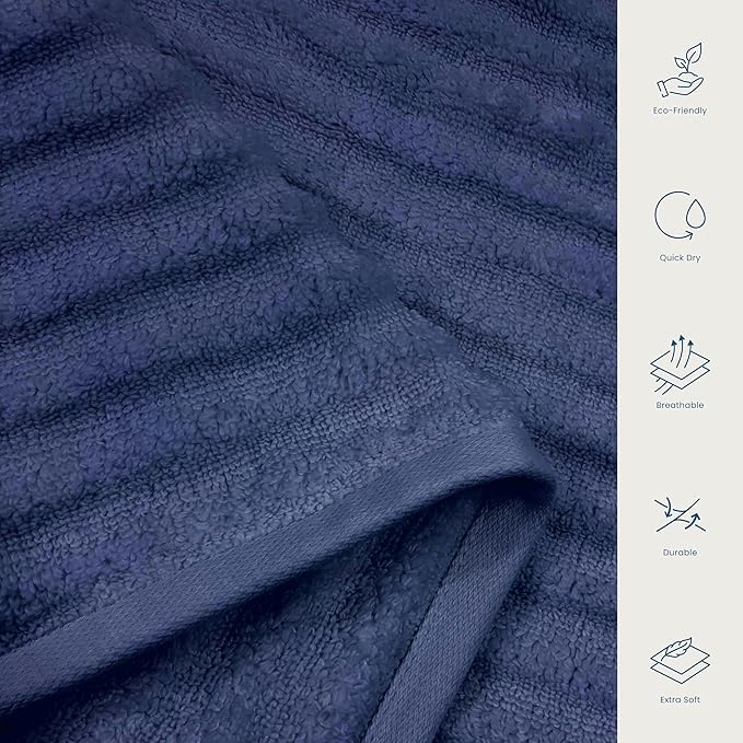 Blue Loom Ribbed Hand 2 Towels Set, 100% Cotton 600GSM, Soft Absorbent Durable Quick Drying for Bathroom - Mason 2 Piece 18" x 30" - Navy