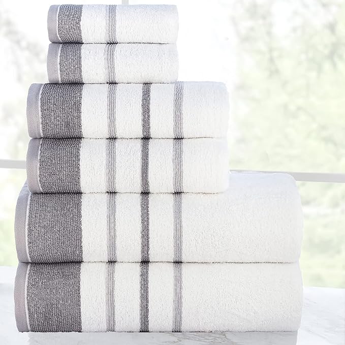 CASA COPENHAGEN White Bay, 6 Pieces Towel Set- White with Dark Grey and Light Grey Border, 600 GSM, 2Bath, 2Hand, 2Washcloths Egyptian Cotton Towel for Hotel Spa Kitchen Bathroom Kitchen & Shower
