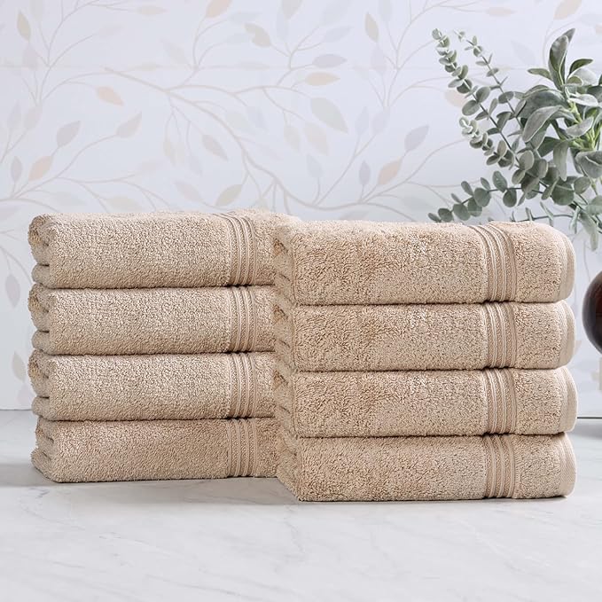 Superior Egyptian Cotton 8-Piece Hand Towel Set, Towel Basics For Quick Dry, Absorbent Small Towels, Facial, Spa, Kitchen, Bathroom Essentials, Apartment, Guest Bath, Soft, Washcloth, Taupe