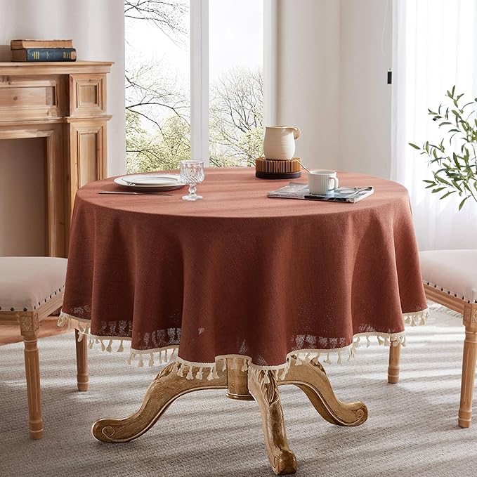 Linen Tablecloth with Tassels, Farmhouse Style Terracota Tablecloth, Water Resistant Burlap Tablecloths for Round Table, 52 Inch Round Terracota