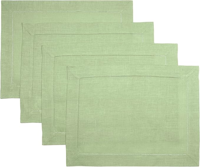 D'Moksha Homes Sage Green Linen Cloth Placemats Set of 4-100% Pure Linen Hemstitch Placemats 14 x 19 Inch - Classic Hemstitch Table Place Mats for Winter - Handcrafted and Machine Washable