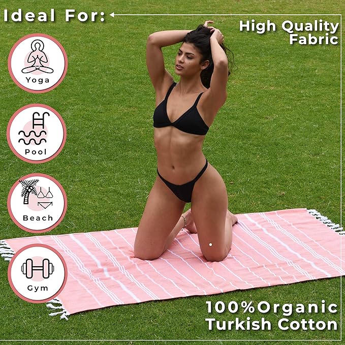 Turkish Beach Towel - Cotton Bathroom Towels Highly-Absorbent Quick Dry Bath Towels 37 x 70 inch Beach Towels Sand-Free Turkish Bath Towel Multipurpose Yoga Towel Beach Blanket (Coral)