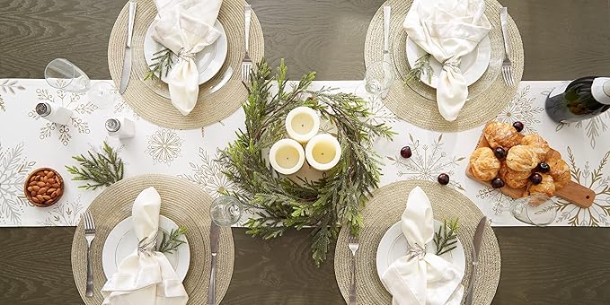 DII Holiday Dining Table Linen Sparkle Metallic Kitchen Décor, Table Runner, 14x72, Snowflakes Print