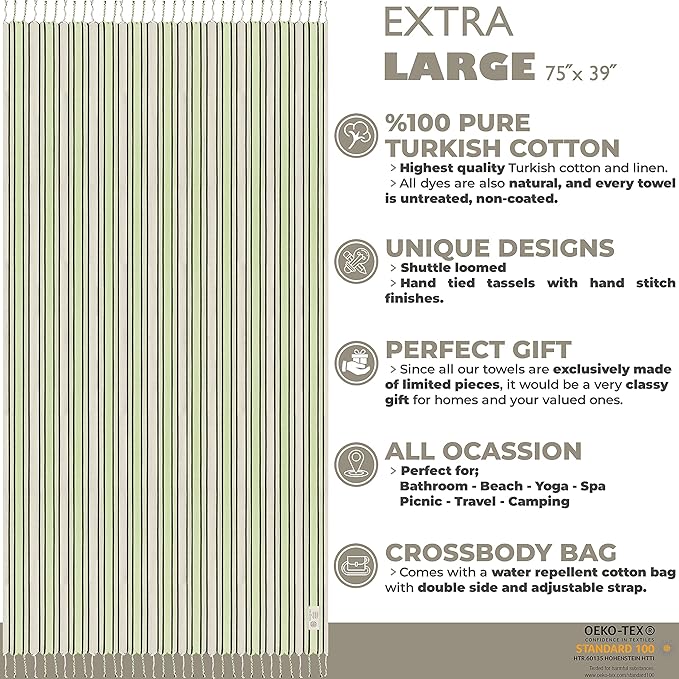 Madamelique Turkish Beach Towel with Beach Bag and Towel Band 39 x 74 - Prewashed Beach Towels Oversized -%100Cotton - Quick Dry - Sand Free - Turkish Bath Towels - Unique Soft Towel (Virgin Mint)