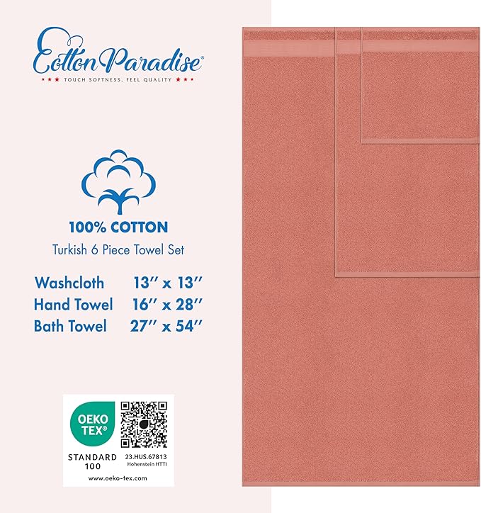 Cotton Paradise 6 Piece Towel Set, 100% Cotton Soft Absorbent Turkish Towels for Bathroom, 2 Bath Towels 2 Hand Towels 2 Washcloths, Coral Towel Set