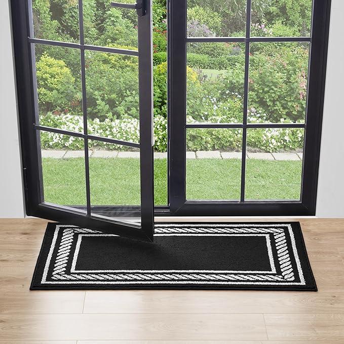 Nautica – Runner Rug | Indoor Runners for Hallways and Entry Rugs| Non-Slip and Non-Skid Entry and Kitchen Door Mat| Machine Washable Entryway Carpet Rugs | 2'2" x 3'9" | Rope Border Black