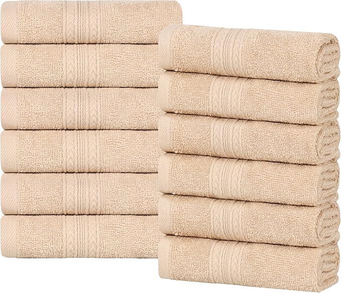 Superior Eco-Friendly Cotton 12-Piece Face Towel/Washcloth Set, Small, Fast Drying Towels for Face, Spa, Resort, Hotel, Hand, Shower, Guest Bathroom, Home, Airbnb, Apartment Essentials, Camel
