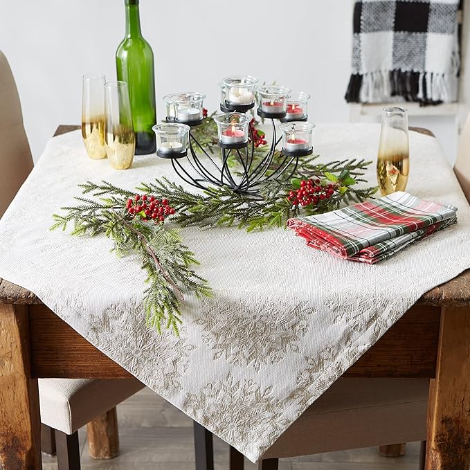 DII Holiday Dining Table Linen Sparkle Metallic Kitchen Décor, Table Topper, 40x40, Jacquard Snowflakes