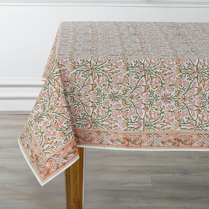 Ridhi Sassy Salmon Emerald Green Hand Block Print Cotton Rectangle Tablecloth 108" x 70" inches Reusable Table Cover Decorative Everyday Use for Dining, Farmhouse, Home, Party, Festive, Wedding, Fall