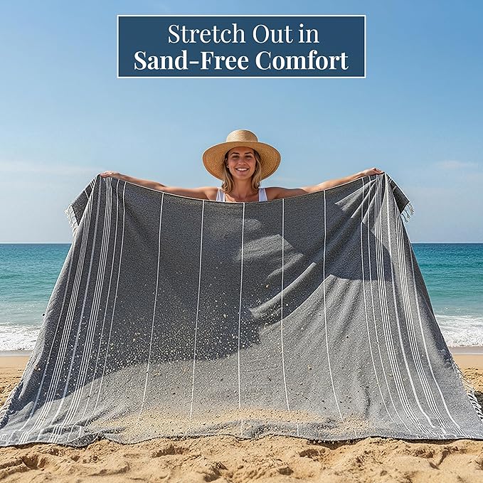 LANE LINEN Beach Blanket – Sand-Free, Extra-Large Picnic Mat, Quick-Dry, Pre-Washed Design (82"x82"), Beach Essentials for Family Picnics and Poolside Relaxation, Machine Washable – Smoky Black