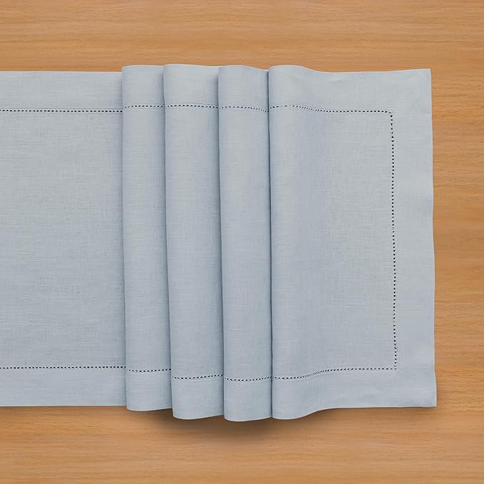 Solino Home Linen Dusty Blue Table Runner 90 Inches Long - 100% Pure Linen Hemstitch 14 x 90 Inch Table Runner for Dining, Winter - Classic Hemstitch
