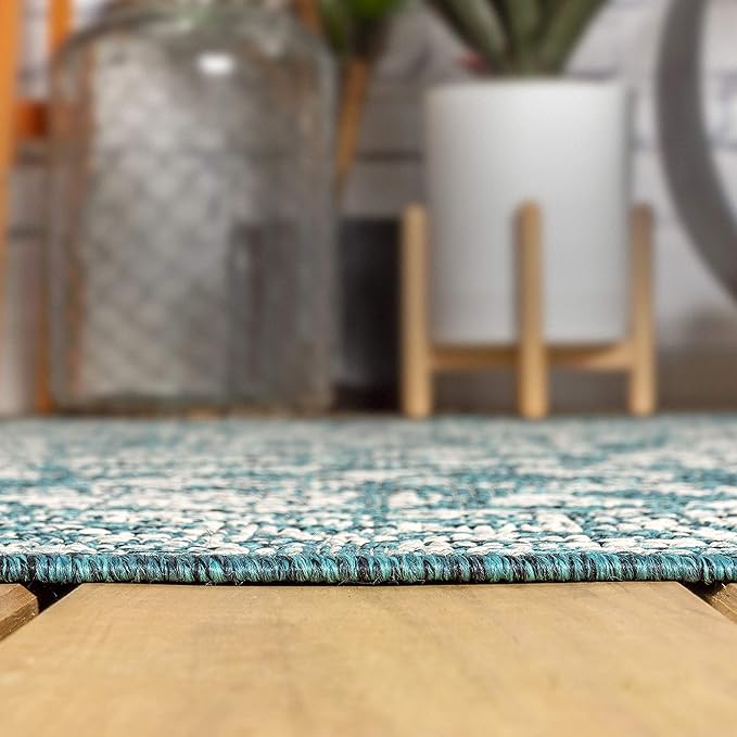 JONATHAN Y Weave Floral Indoor Outdoor Square Area Rug 6X6 Teal/Gray, Tela Bohemian Textured for Backyard, Patio, Porch, Easy-Cleaning, High Traffic, Pet-Friendly, Non-Shedding (SMB100C-6SQ)