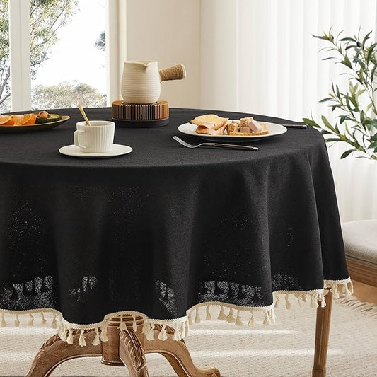 Linen Tablecloth with Tassels, Farmhouse Style Black Tablecloth, Water Resistant Burlap Tablecloths for Round Table, 60 Inch Round Black