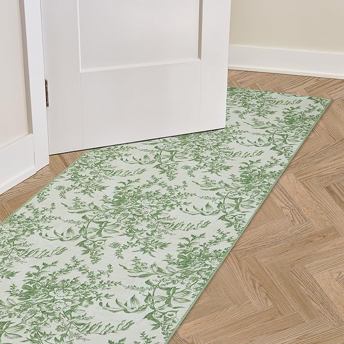 Laura Ashley Sage Ivory Bedford Floral Machine Washable & Slip Resistant 26" x 72" Runner Rug