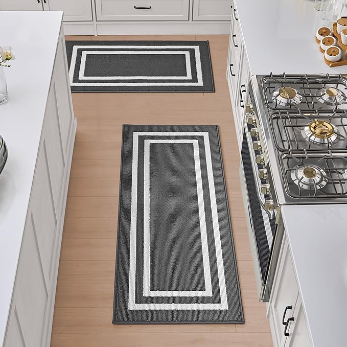 Nautica – Runner Rug 2 Piece Set | Indoor Runners for Hallways and Entry Rugs| Non-Skid Entry and Kitchen Door Mat| Machine Washable Carpet Rugs | 2'2" x 3'9" and 2'2" x 5' | Double Border Dark Grey