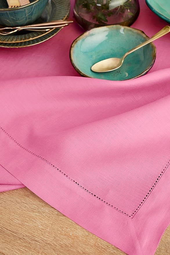 Solino Home Linen Tablecloth for Rectangle Tables 60 x 120 Inch - Classic Hemstitch 100% Pure Linen Flamingo Pink Table Cloth - Machine Washable Cloth Tablecloth for Valentines