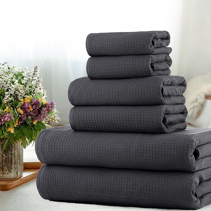 CASA COPENHAGEN Waffle Terry Towel 6Pcs Set, Cotton Extra Large Luxurious- Pine Grey, 2Bath Sheets XL- 35 x 70 Inch, 2Large Hand Towels- 20 x 31Inch, 2Large Washcloths- 16 x 16 Inch