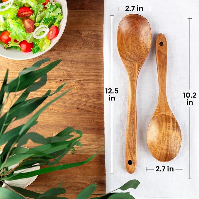 Zulay Kitchen Teak Wood Utensil Set – 2 Piece Large and Small Wooden Cooking Spoons, Handcrafted Natural Teak Wood Kitchen Utensils, Durable, Nonstick Safe & Smooth Finish
