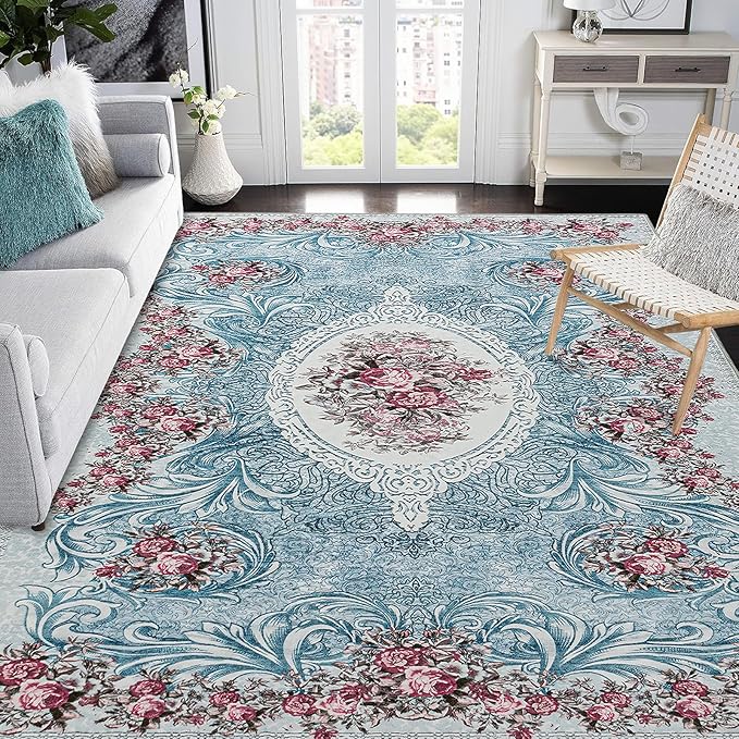 Easy-Going Area Rug 5x7 Washable Floral Rugs for Living Room Non-Slip Bedroom Rug Low Pile Lightweight Retro Flowers Throw Rug for Dining Room Kitchen Home Office Carpet, Teal Red