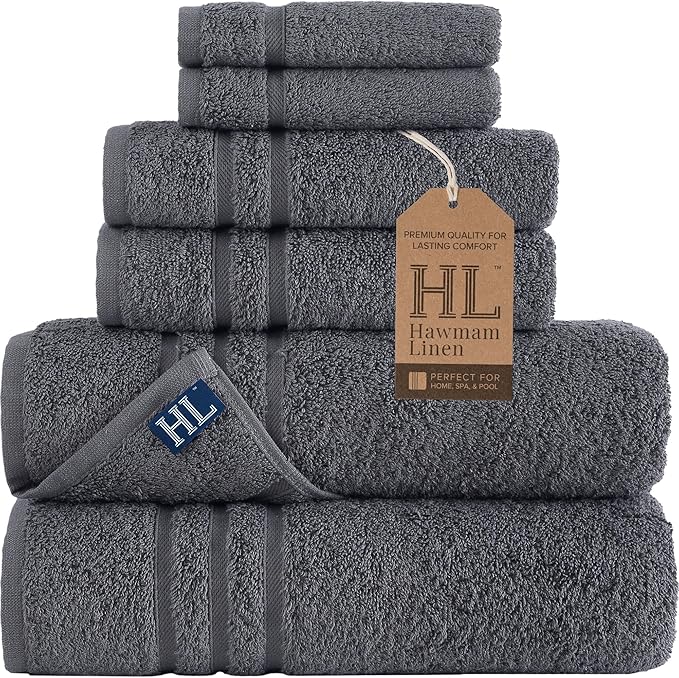 Hawmam Linen Grey 6 Piece Bath Towels Set for Bathroom Original Turkish Cotton Soft, Absorbent and Premium 2 Bath Towels, 2 Hand Towels, 2 Washcloths (Cool Grey)