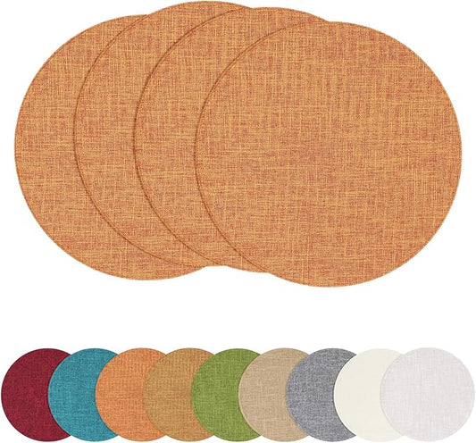 homing 15 Inch Round Cloth Placemats Set of 4, Cotton Linen Blend Washable Table Mats, Farmhouse Dining Place Mats for Indoors & Outdoors, Easy to Clean, Orange