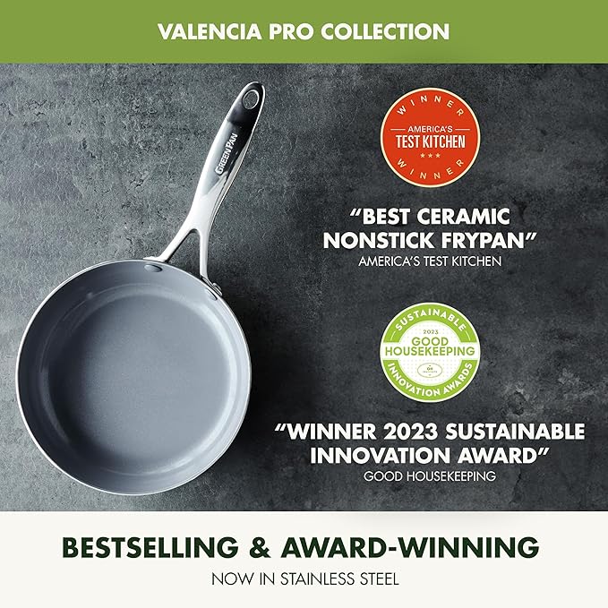 GreenPan Valencia Pro Stainless Steel 10 Piece Cookware Pots and Pans Set, Induction Suitable Mirrored Tri-Ply, Ceramic Nonstick PFAS-Free Coating, Multi Clad, Dishwasher Oven & Broiler Safe