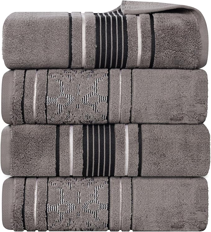 Superior Cotton Bath Towel Set, Large Plush Absorbent Body Towels, Luxury Soft Quick Drying, Shower, Spa, Hotel, Pool, Guest Bathroom, Home Essentials, Zero Twist, Assorted Design, Set of 4, Charcoal