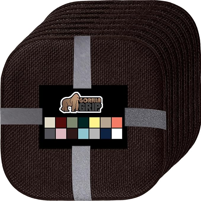 GORILLA GRIP Chair Cushions, Set of 8, 16x16, Memory Foam Pads for Dining Room, Kitchen Table, Office Desk, Rocking Chairs, Stay in Place Backing, Comfortable Microfiber Seat Cover Pad Cushion, Brown