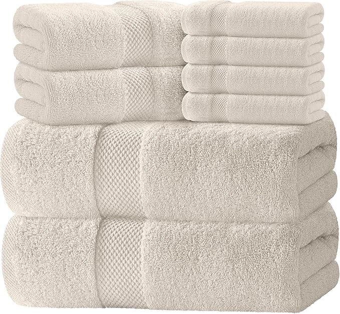 White Classic Luxury Bath Towel Set of 8 Pieces - 100% Turkish Cotton Highly Absorbent Towels for Bathroom, 2 Luxury Bath Towels 700GSM, 2 Hand Towels, 4 Washcloths, Ivory