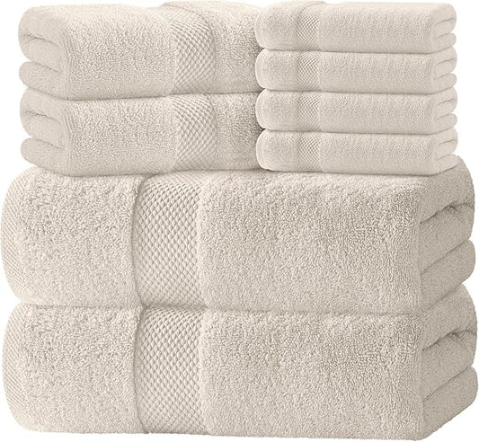 White Classic Luxury Bath Towel Set of 8 Pieces - 100% Turkish Cotton Highly Absorbent Towels for Bathroom, 2 Luxury Bath Towels 700GSM, 2 Hand Towels, 4 Washcloths, Ivory