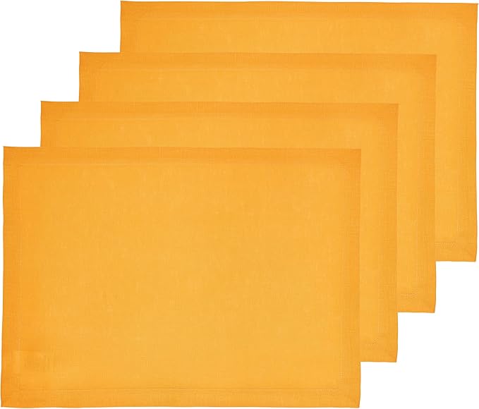 Solino Home Linen Cloth Placemats Set of 4-100% Pure Linen Tangerine Yellow Placemats 14 x 19 Inch - Fete
